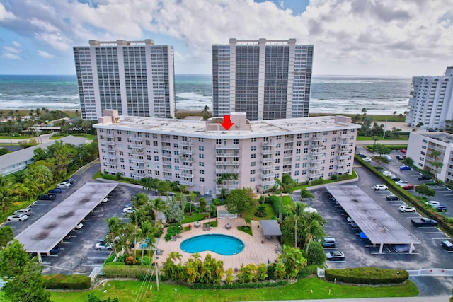 aerial view featuring a water view