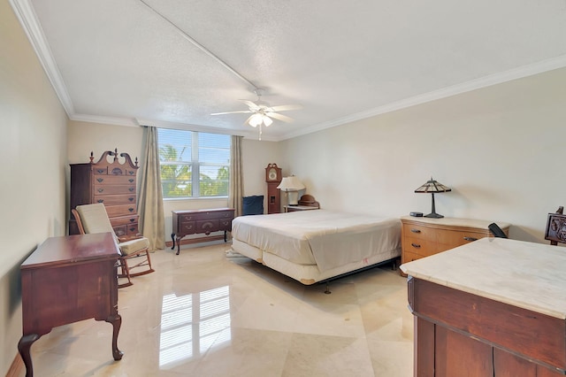 bedroom featuring ornamental molding, a textured ceiling, and ceiling fan