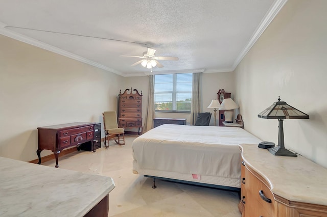 bedroom with crown molding, a textured ceiling, and ceiling fan