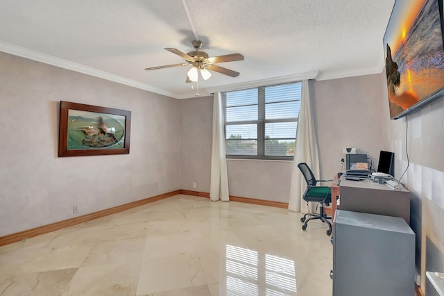 office space featuring ornamental molding, a textured ceiling, and ceiling fan