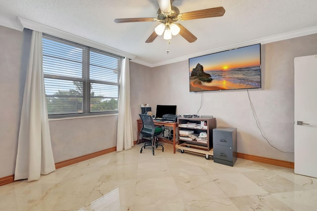 office featuring ceiling fan, crown molding, and a textured ceiling