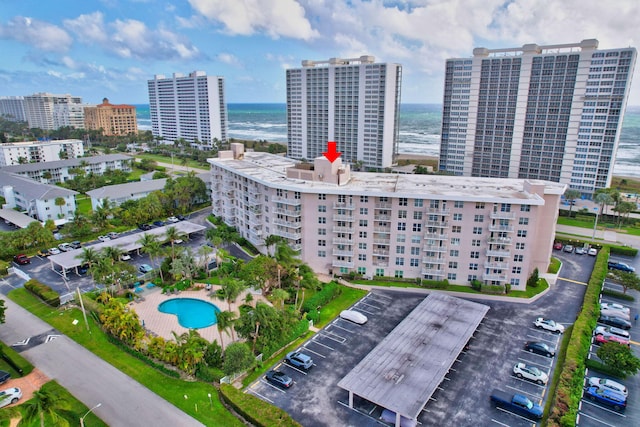 bird's eye view with a water view