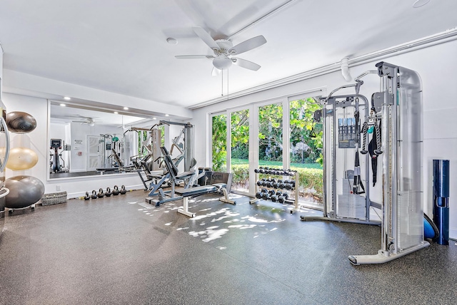 workout area featuring ceiling fan