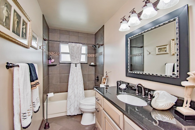 full bathroom featuring toilet, shower / bath combo, vanity, and tile patterned floors