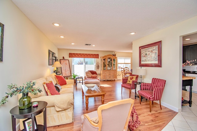 living room with light hardwood / wood-style floors and a textured ceiling