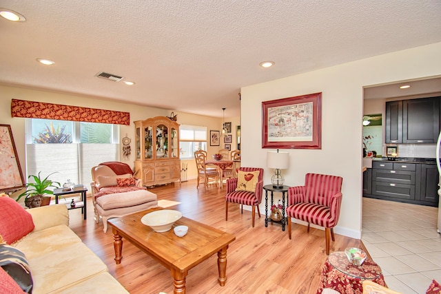 living room featuring a textured ceiling and light wood-type flooring