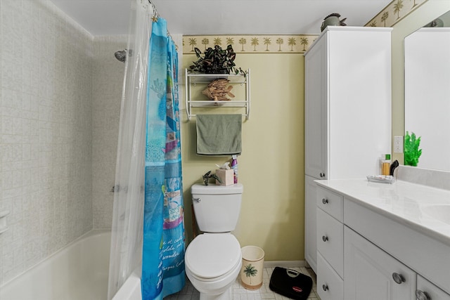 full bathroom featuring vanity, toilet, shower / bath combination with curtain, and tile patterned flooring