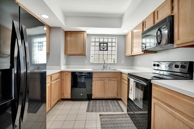 kitchen featuring plenty of natural light, black appliances, sink, and a tray ceiling