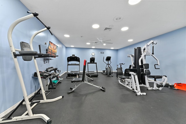 workout area with ceiling fan