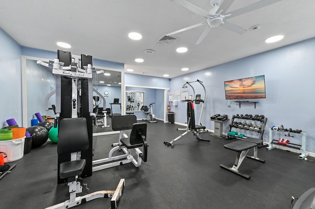 workout area featuring ceiling fan