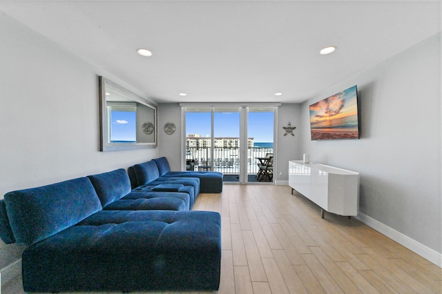 living room with expansive windows and light hardwood / wood-style flooring