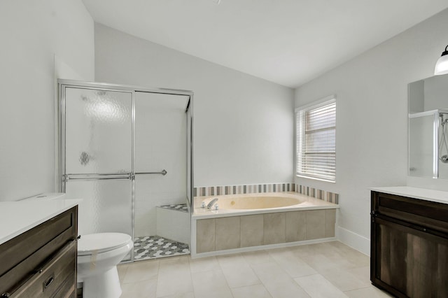 full bathroom with shower with separate bathtub, vanity, toilet, and tile patterned floors