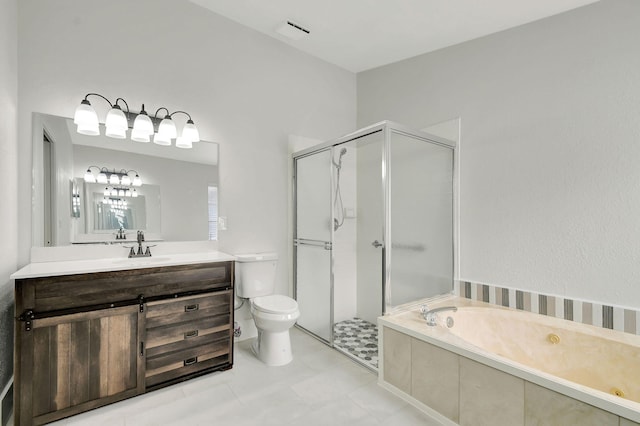 full bathroom with shower with separate bathtub, vanity, toilet, and tile patterned floors