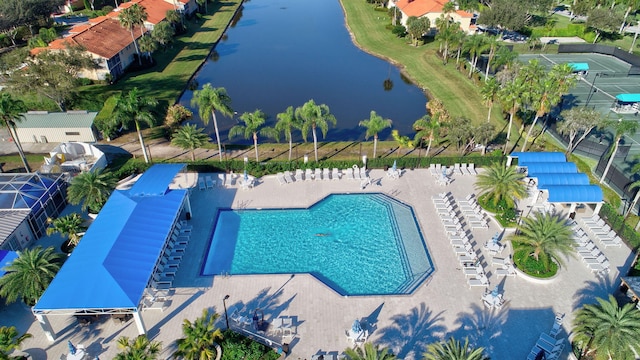 aerial view featuring a water view