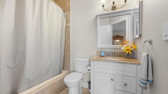 full bathroom featuring vanity, shower / bath combination with curtain, toilet, and tile patterned floors