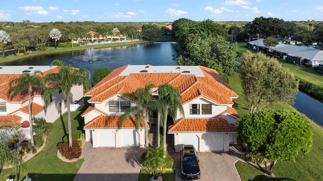 drone / aerial view featuring a water view