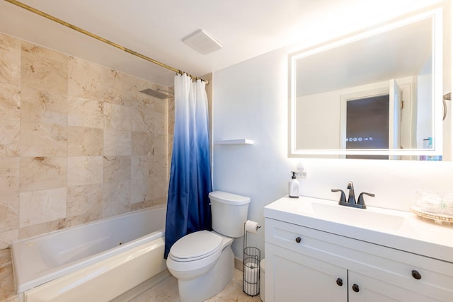 full bathroom with vanity, toilet, and shower / tub combo with curtain