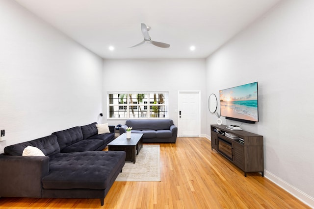 living room featuring ceiling fan and light hardwood / wood-style flooring