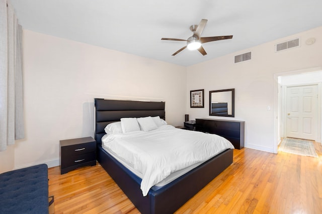 bedroom featuring light hardwood / wood-style flooring and ceiling fan