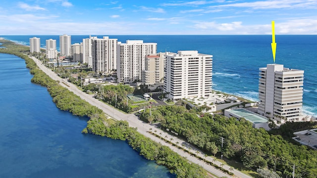 bird's eye view with a water view