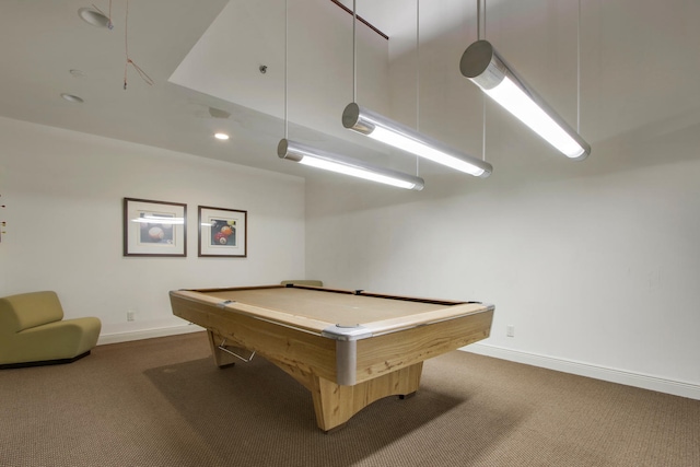 game room with a towering ceiling, light colored carpet, and pool table