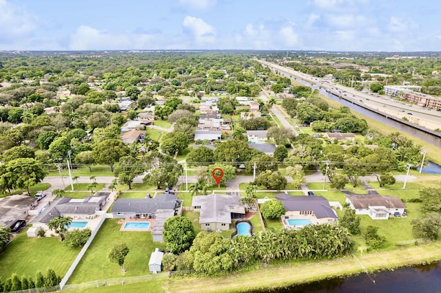 aerial view featuring a water view