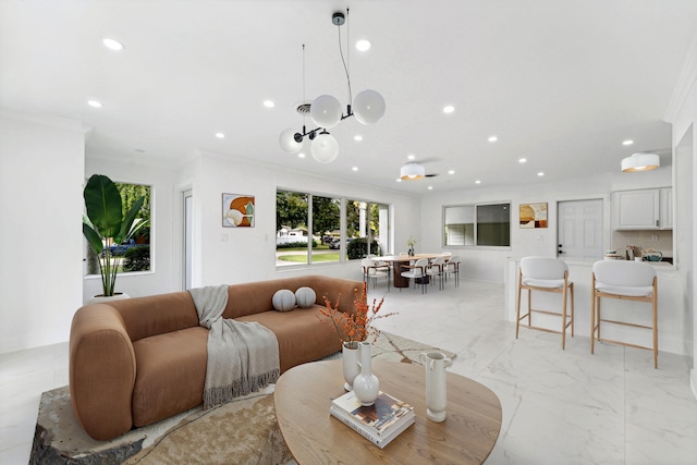 living room featuring ornamental molding