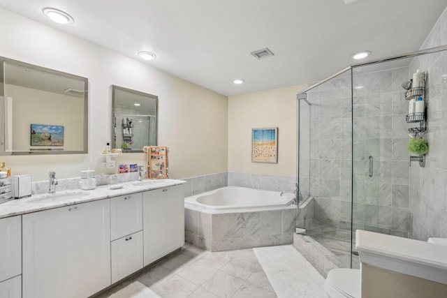 full bathroom with toilet, shower with separate bathtub, and vanity