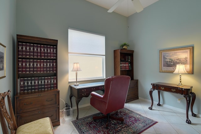 tiled office space with ceiling fan