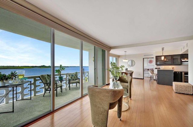 dining room featuring a water view and light wood-type flooring