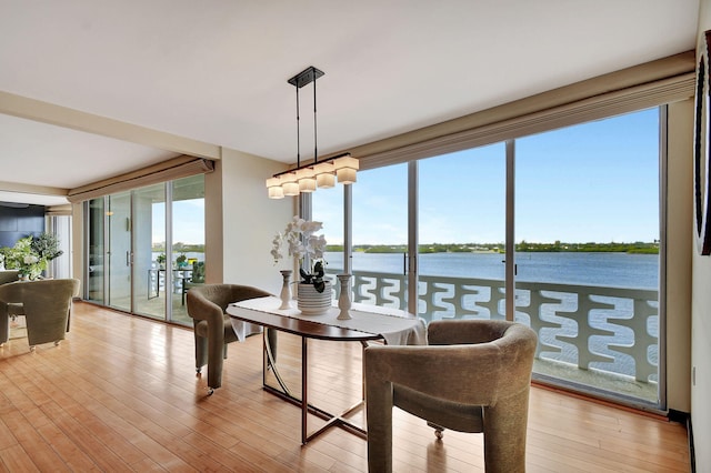 dining area featuring light wood-type flooring and a water view