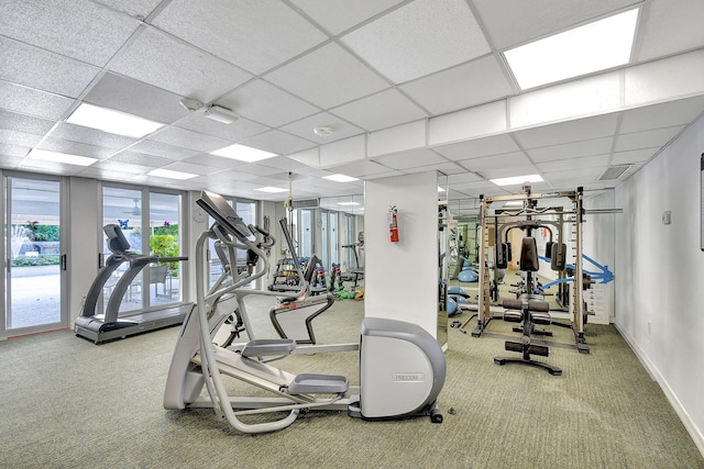 workout area featuring carpet and a drop ceiling