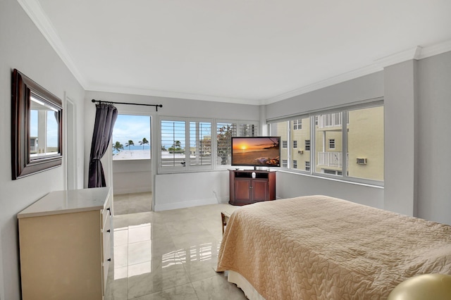 bedroom with light tile patterned flooring and crown molding