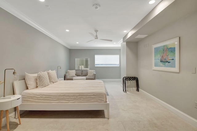 bedroom with ceiling fan and ornamental molding