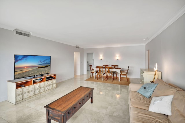 living room with crown molding