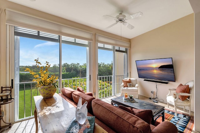 sunroom featuring a wealth of natural light and ceiling fan