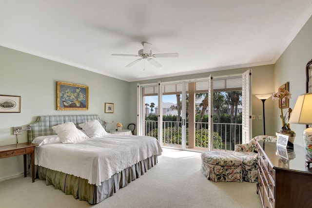 carpeted bedroom with ceiling fan, access to outside, and ornamental molding