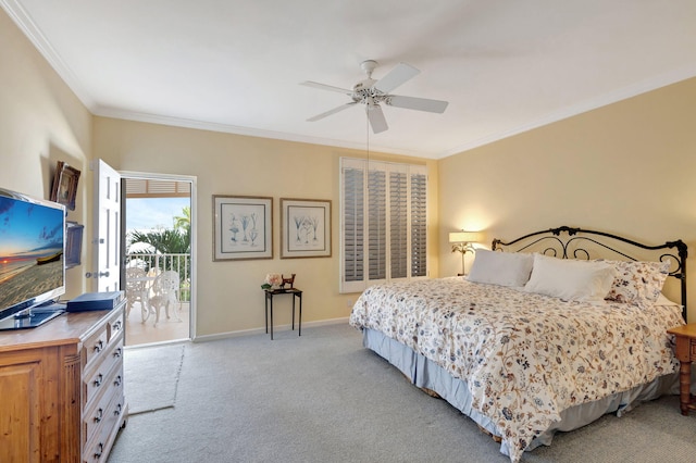 carpeted bedroom with ceiling fan, access to outside, and ornamental molding