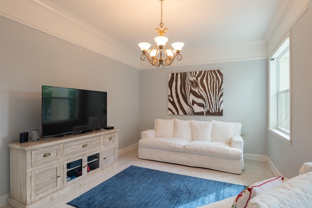 living room with crown molding and a chandelier