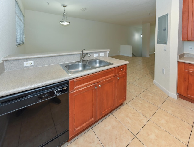 kitchen with dishwasher, sink, decorative light fixtures, light tile patterned floors, and electric panel