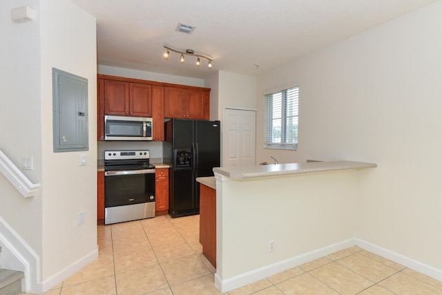 kitchen featuring sink, electric panel, kitchen peninsula, stainless steel appliances, and light tile patterned floors