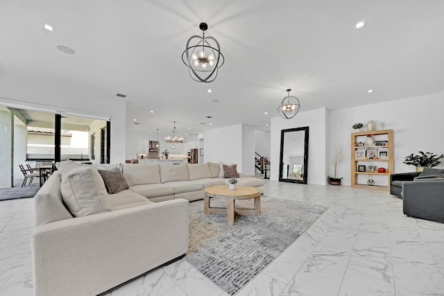 living room with a chandelier