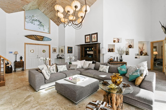 living room featuring an inviting chandelier, high vaulted ceiling, and wood ceiling