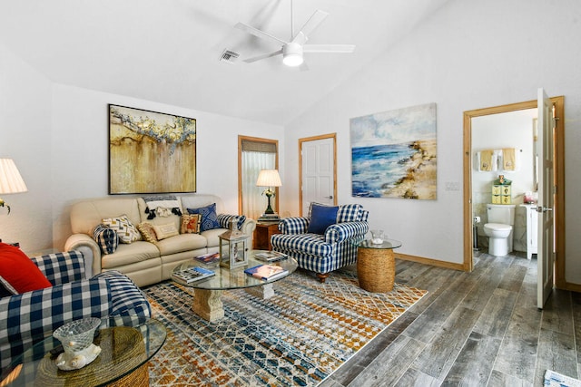 living room featuring ceiling fan, high vaulted ceiling, and wood-type flooring