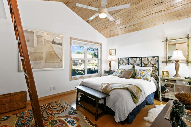 bedroom featuring ceiling fan, vaulted ceiling, wood ceiling, and hardwood / wood-style floors