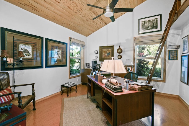 office space with ceiling fan, wooden ceiling, vaulted ceiling, and hardwood / wood-style floors