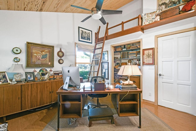 office area featuring high vaulted ceiling, hardwood / wood-style flooring, wooden ceiling, and ceiling fan