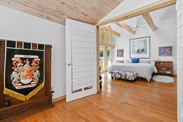 bedroom with ceiling fan, wooden ceiling, vaulted ceiling with beams, and light hardwood / wood-style floors