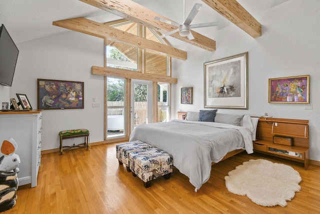 bedroom with access to outside, beamed ceiling, light hardwood / wood-style flooring, high vaulted ceiling, and ceiling fan