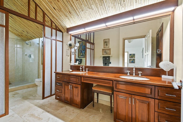 bathroom featuring toilet, an enclosed shower, vanity, and vaulted ceiling